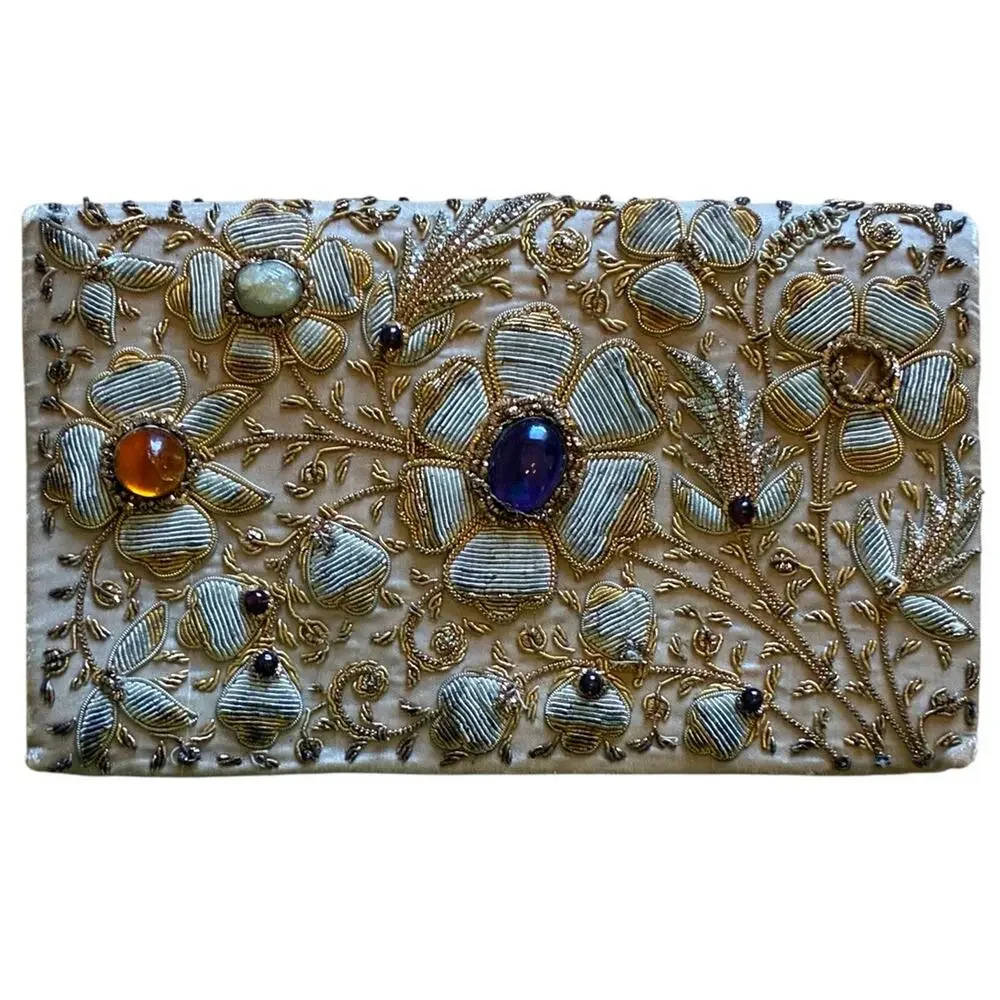 VTG Zardozi Clutch Purse 3D Gold Metallic Silk Embroidery Amethyst Amber Jewels